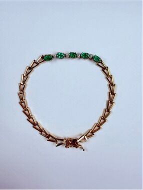 14K Solid Yellow Gold Emerald & Diamond VTG Chevron Arrow Link Tennis Bracelet